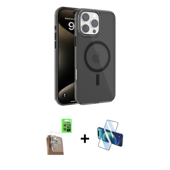 MARSİLYAN™- iPhone 16 Pro Max Kılıf Doruk Doku Özel Seri - Siyah 3D Antistatik Seramik Nano Ekran Koruyucu + Raze Metal Kamera Lens - CLTM