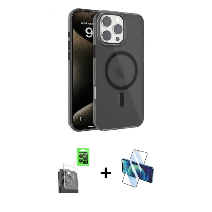 MARSİLYAN™- iPhone 16 Pro Max Kılıf Doruk Doku Özel Seri - Siyah 3D Antistatik Seramik Nano Ekran Koruyucu + Siyah Raze Metal Kamera Lens