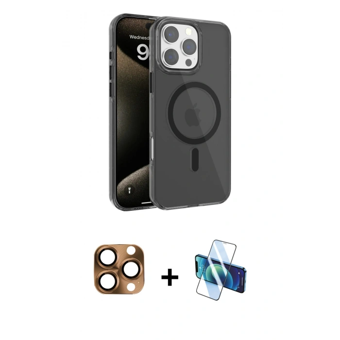 MARSİLYAN™- iPhone 16 Pro Max Kılıf Doruk Doku Özel Seri - Siyah 3D Antistatik Seramik Nano Ekran Koruyucu + Pers Alüminyum Kamera Lens - CLTM
