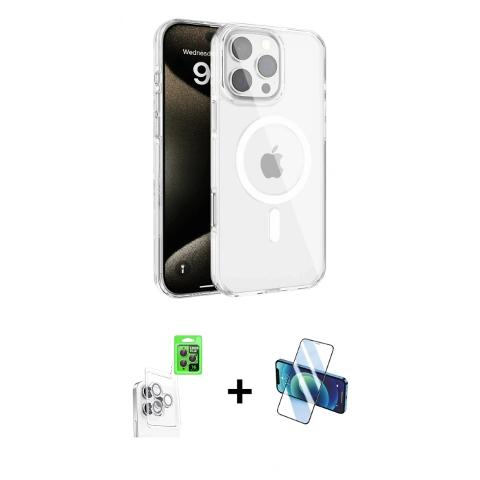 MARSİLYAN™- iPhone 16 Pro Max Kılıf Doruk Doku Özel Seri - Siyah 3D Antistatik Seramik Nano Ekran Koruyucu + Beyaz Raze Metal Kamera Lens
