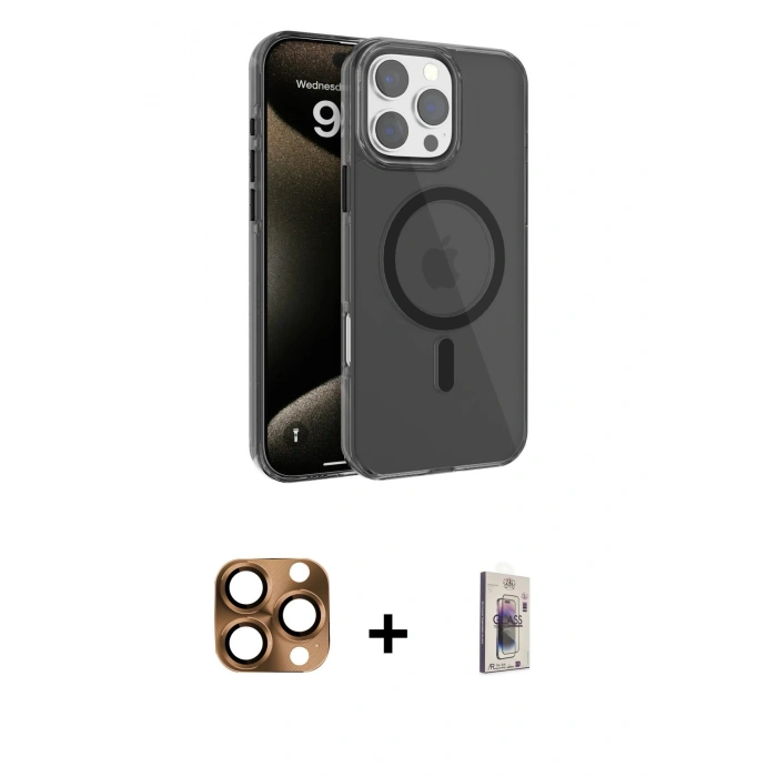 MARSİLYAN™- iPhone 16 Pro Max Kılıf Doruk Doku Özel Seri - Siyah Bilvis 3D Cam Ekran Koruyucu + Çöl Titanyum Pers Alüminyum Kamera Lens