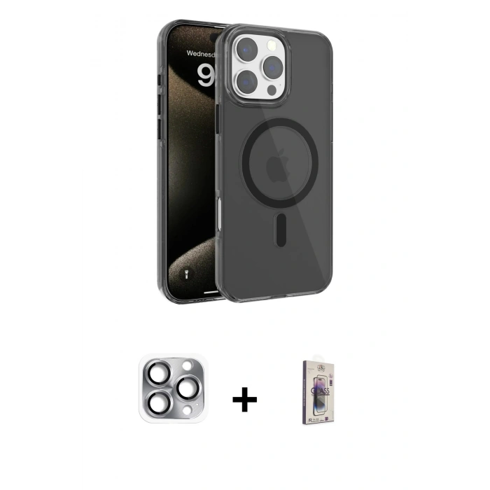 MARSİLYAN™- iPhone 16 Pro Max Kılıf Doruk Doku Özel Seri - Siyah Bilvis 3D Cam Ekran Koruyucu + Pers Alüminyum Kamera Lens - GI