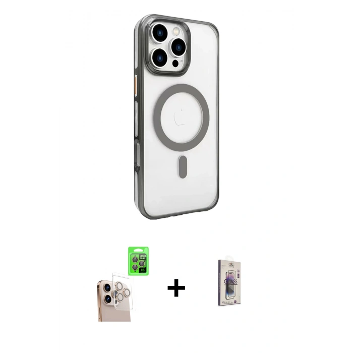 MARSİLYAN™- iPhone 16 Pro Max Kılıf Doruk Doku Özel Seri - Siyah Bilvis 3D Cam Ekran Koruyucu + Natural Grey Raze Metal Kamera Lens