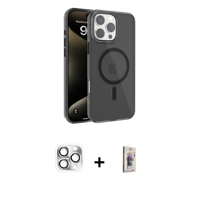 MARSİLYAN™- iPhone 16 Pro Max Kılıf Doruk Doku Özel Seri - Siyah Bilvis 3D Cam Ekran Koruyucu + Pers Alüminyum Kamera Lens - GS