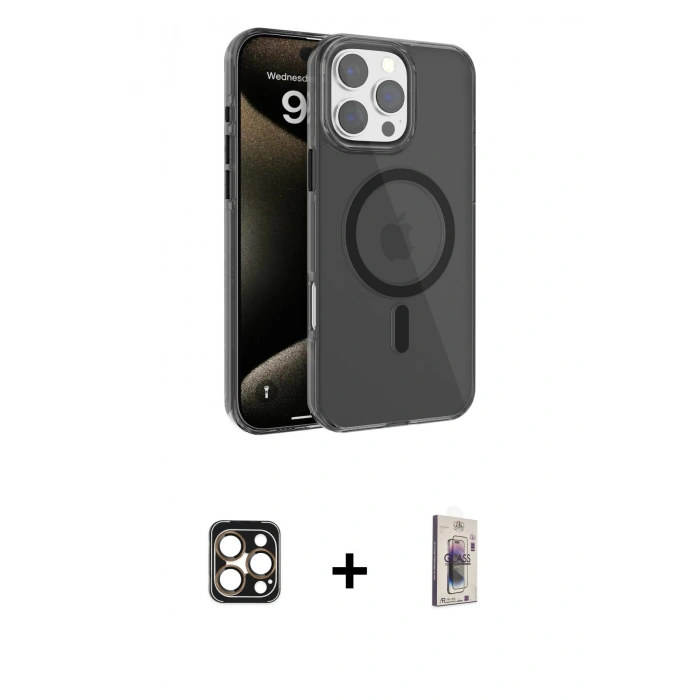 MARSİLYAN™- iPhone 16 Pro Max Kılıf Doruk Doku Özel Seri - Siyah Bilvis 3D Cam Ekran Koruyucu + PVD Metal Kamera Lens - GD