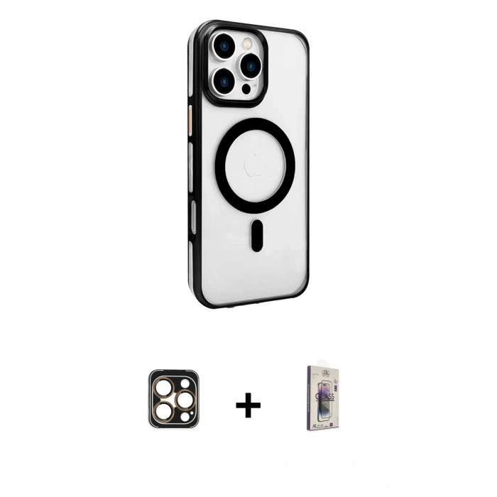 MARSİLYAN™- iPhone 16 Pro Max Kılıf Doruk Doku Özel Seri - Siyah Bilvis 3D Cam Ekran Koruyucu + PVD Metal Kamera Lens - GD