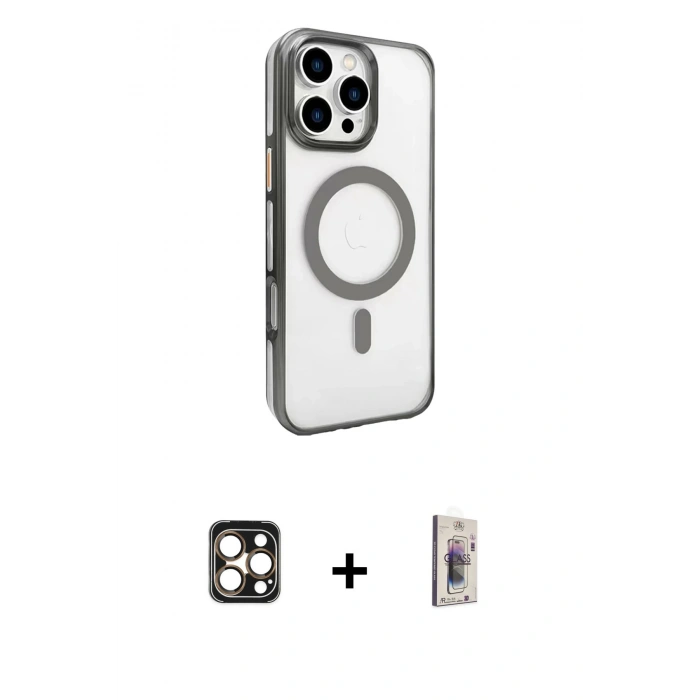 MARSİLYAN™- iPhone 16 Pro Max Kılıf Doruk Doku Özel Seri - Siyah Bilvis 3D Cam Ekran Koruyucu + PVD Metal Kamera Lens - GD