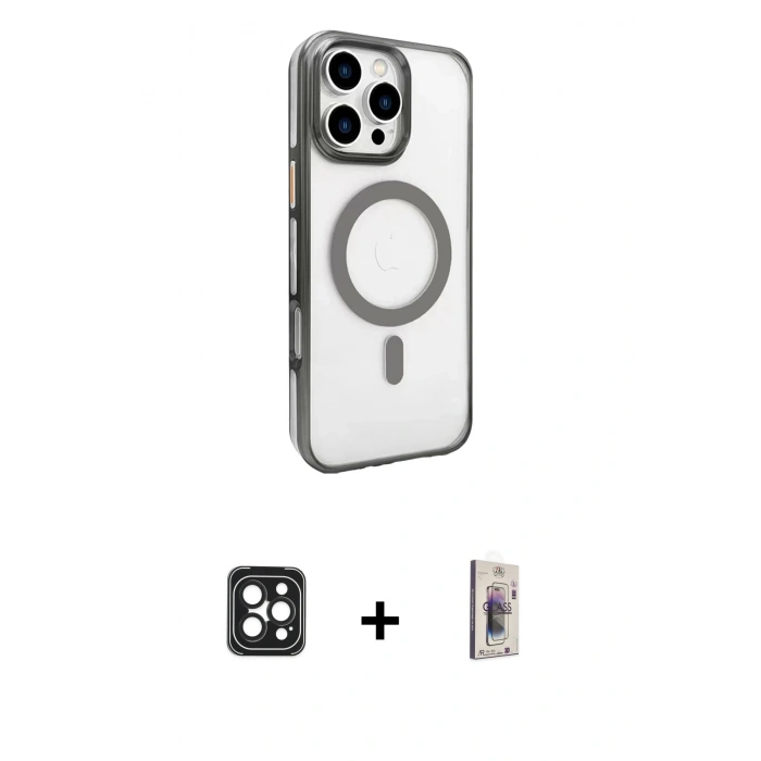 MARSİLYAN™- iPhone 16 Pro Max Kılıf Doruk Doku Özel Seri - Siyah Bilvis 3D Cam Ekran Koruyucu + Siyah PVD Metal Kamera Lens