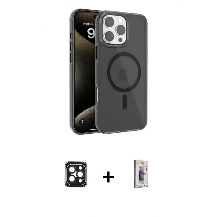 MARSİLYAN™- iPhone 16 Pro Max Kılıf Doruk Doku Özel Seri - Siyah Bilvis 3D Cam Ekran Koruyucu + Siyah PVD Metal Kamera Lens