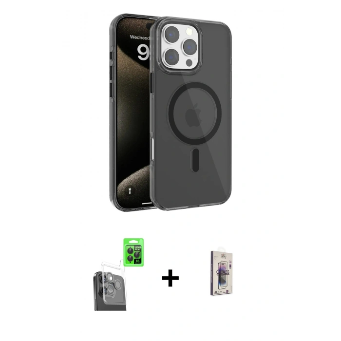 MARSİLYAN™- iPhone 16 Pro Max Kılıf Doruk Doku Özel Seri - Siyah Bilvis 3D Cam Ekran Koruyucu + Raze Metal Kamera Lens - SH