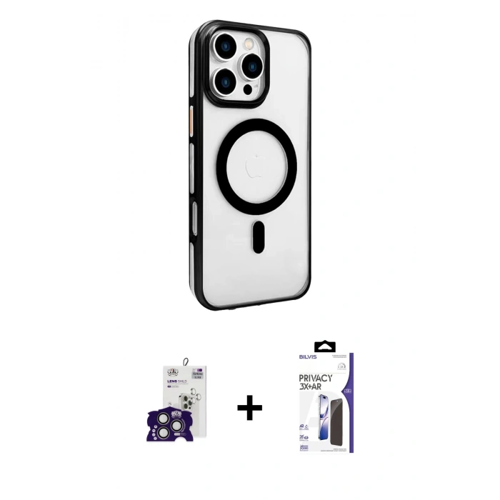 MARSİLYAN™- iPhone 16 Pro Max Kılıf Doruk Doku Özel Seri - Siyah Bilvis 3X AR Hayalet Cam Ekran Koruyucu + Bilvis Titan Kamera Lens - TMGI