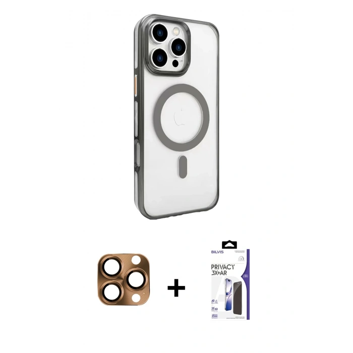 MARSİLYAN™- iPhone 16 Pro Max Kılıf Doruk Doku Özel Seri - Siyah Bilvis 3X AR Hayalet Cam Ekran Koruyucu + Pers Alüminyum Kamera Lens - CLTM