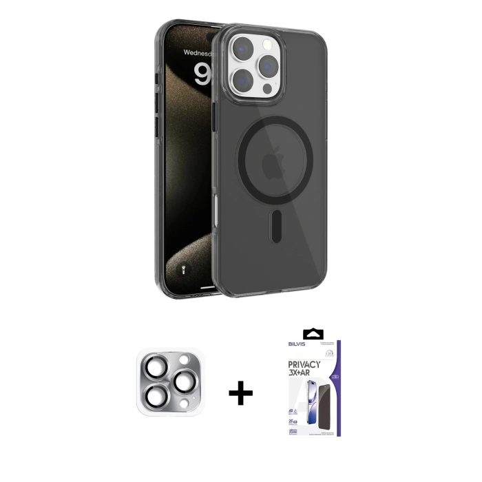 MARSİLYAN™- iPhone 16 Pro Max Kılıf Doruk Doku Özel Seri - Siyah Bilvis 3X AR Hayalet Cam Ekran Koruyucu + Pers Alüminyum Kamera Lens - GI