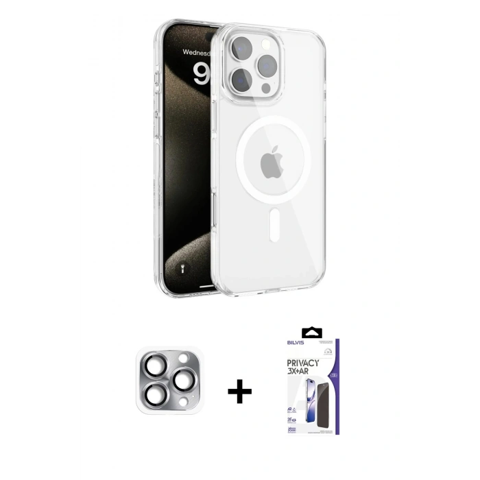 MARSİLYAN™- iPhone 16 Pro Max Kılıf Doruk Doku Özel Seri - Siyah Bilvis 3X AR Hayalet Cam Ekran Koruyucu + Pers Alüminyum Kamera Lens - GI