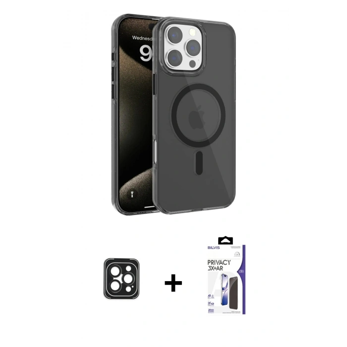MARSİLYAN™- iPhone 16 Pro Max Kılıf Doruk Doku Özel Seri - Siyah Bilvis 3X AR Hayalet Cam Ekran Koruyucu + PVD Metal Kamera Lens - SH