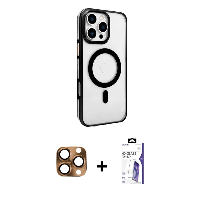 MARSİLYAN™- iPhone 16 Pro Max Kılıf Doruk Doku Özel Seri - Siyah Bilvis 3X AR HD Cam Ekran Koruyucu + Pers Alüminyum Kamera Lens - CLTM
