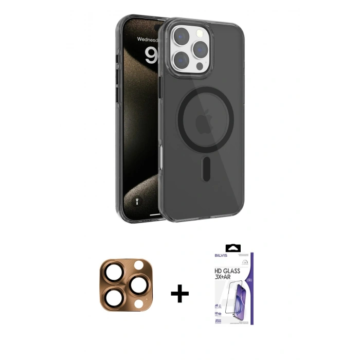 MARSİLYAN™- iPhone 16 Pro Max Kılıf Doruk Doku Özel Seri - Siyah Bilvis 3X AR HD Cam Ekran Koruyucu + Pers Alüminyum Kamera Lens - CLTM