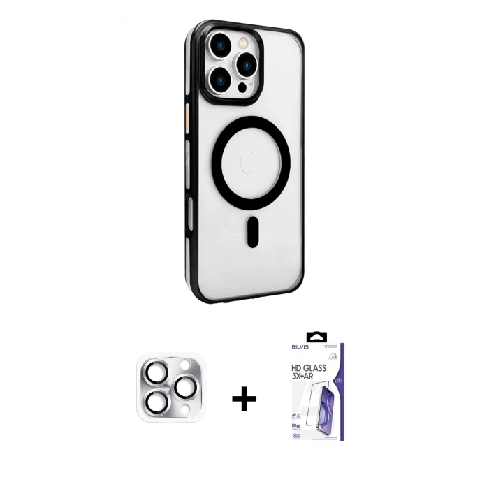MARSİLYAN™- iPhone 16 Pro Max Kılıf Doruk Doku Özel Seri - Siyah Bilvis 3X AR HD Cam Ekran Koruyucu + Pers Alüminyum Kamera Lens - GS