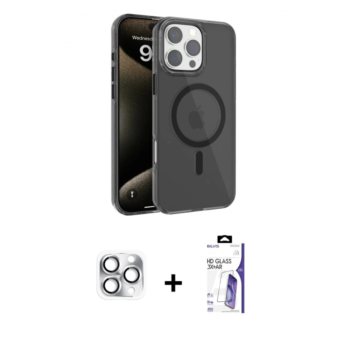 MARSİLYAN™- iPhone 16 Pro Max Kılıf Doruk Doku Özel Seri - Siyah Bilvis 3X AR HD Cam Ekran Koruyucu + Pers Alüminyum Kamera Lens - GS
