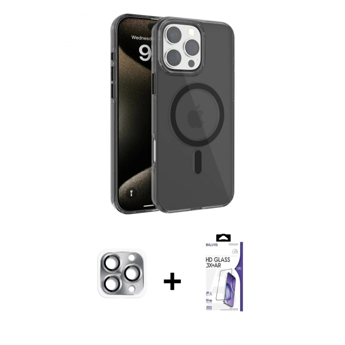 MARSİLYAN™- iPhone 16 Pro Max Kılıf Doruk Doku Özel Seri - Siyah Bilvis 3X AR HD Cam Ekran Koruyucu + Pers Alüminyum Kamera Lens - GI