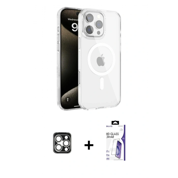 MARSİLYAN™- iPhone 16 Pro Max Kılıf Doruk Doku Özel Seri - Siyah Bilvis 3X AR HD Cam Ekran Koruyucu + PVD Metal Kamera Lens - GS