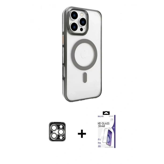 MARSİLYAN™- iPhone 16 Pro Max Kılıf Doruk Doku Özel Seri - Siyah Bilvis 3X AR HD Cam Ekran Koruyucu + PVD Metal Kamera Lens - GS