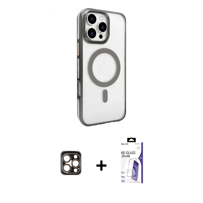 MARSİLYAN™- iPhone 16 Pro Max Kılıf Doruk Doku Özel Seri - Siyah Bilvis 3X AR HD Cam Ekran Koruyucu + PVD Metal Kamera Lens - GD