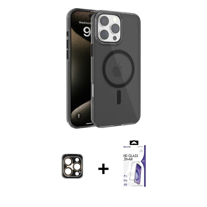 MARSİLYAN™- iPhone 16 Pro Max Kılıf Doruk Doku Özel Seri - Siyah Bilvis 3X AR HD Cam Ekran Koruyucu + PVD Metal Kamera Lens - GD