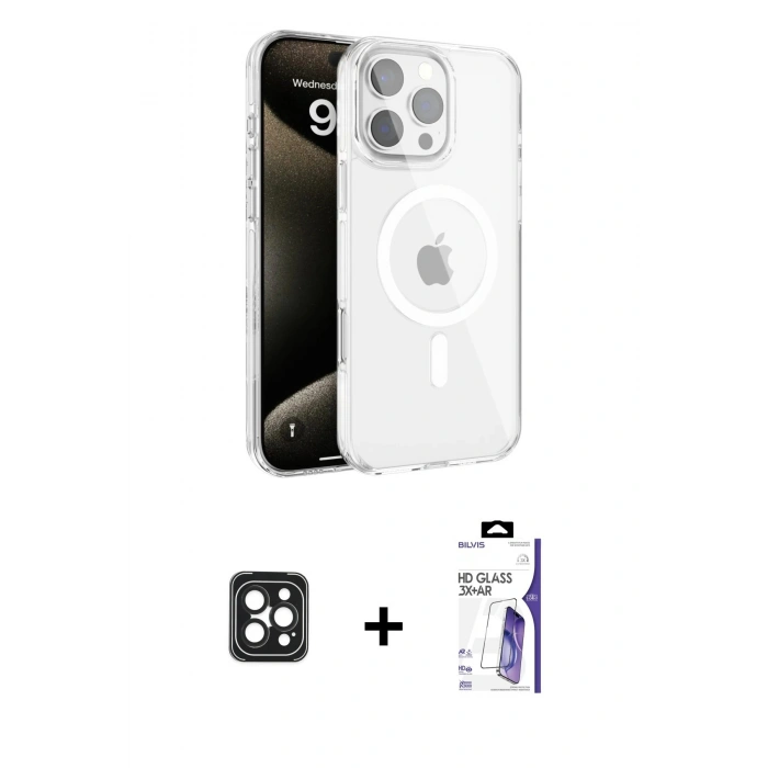 MARSİLYAN™- iPhone 16 Pro Max Kılıf Doruk Doku Özel Seri - Siyah Bilvis 3X AR HD Cam Ekran Koruyucu + PVD Metal Kamera Lens - SH