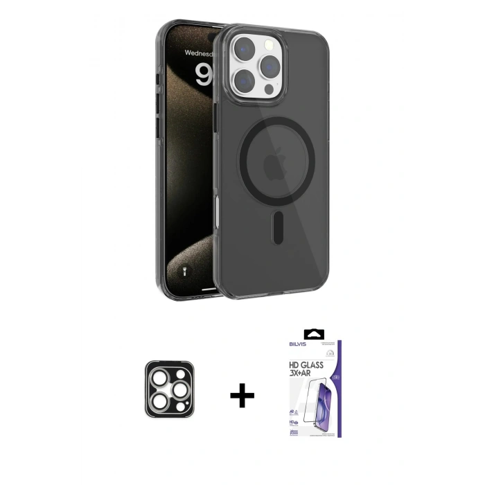 MARSİLYAN™- iPhone 16 Pro Max Kılıf Doruk Doku Özel Seri - Siyah Bilvis 3X AR HD Cam Ekran Koruyucu + PVD Metal Kamera Lens - GS