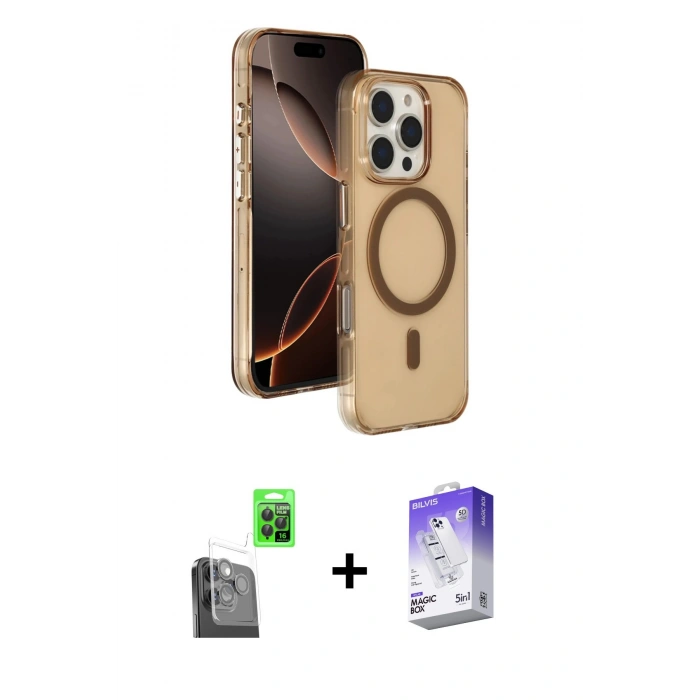 MARSİLYAN™- iPhone 16 Pro Max Kılıf Doruk Doku Özel Seri - Siyah Bilvis 5in1 3D Magic Cam Ekran Koruyucu + Raze Metal Kamera Lens - SH
