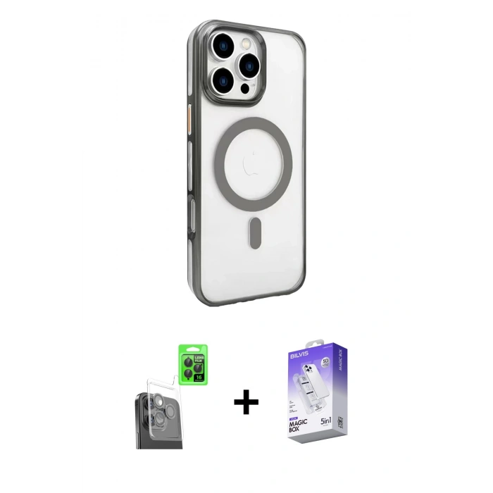 MARSİLYAN™- iPhone 16 Pro Max Kılıf Doruk Doku Özel Seri - Siyah Bilvis 5in1 3D Magic Cam Ekran Koruyucu + Raze Metal Kamera Lens - SH