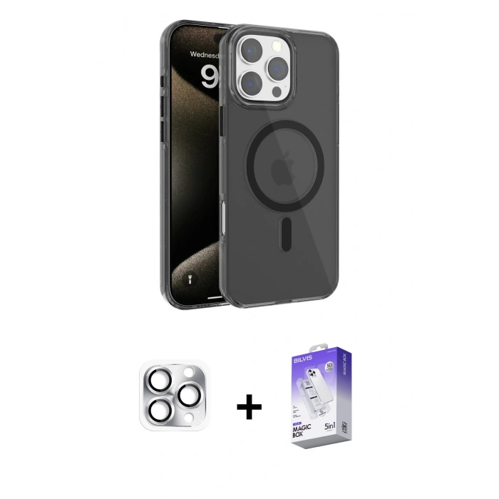 MARSİLYAN™- iPhone 16 Pro Max Kılıf Doruk Doku Özel Seri - Siyah Bilvis 5in1 3D Magic Cam Ekran Koruyucu + Gümüş Pers Alüminyum Kamera Lens