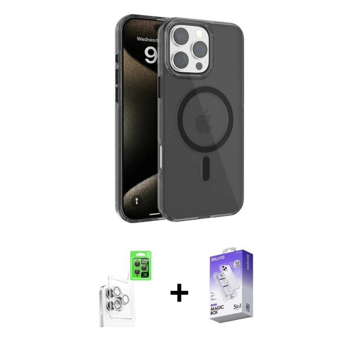 MARSİLYAN™- iPhone 16 Pro Max Kılıf Doruk Doku Özel Seri - Siyah Bilvis 5in1 3D Magic Cam Ekran Koruyucu + Raze Metal Kamera Lens - BZ
