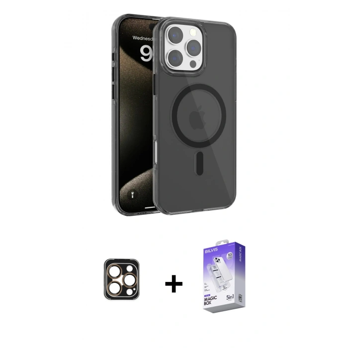 MARSİLYAN™- iPhone 16 Pro Max Kılıf Doruk Doku Özel Seri - Siyah Bilvis 5in1 3D Magic Cam Ekran Koruyucu + PVD Metal Kamera Lens - GD