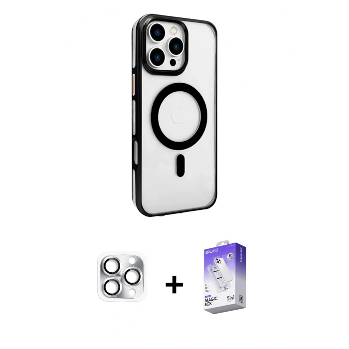 MARSİLYAN™- iPhone 16 Pro Max Kılıf Doruk Doku Özel Seri - Siyah Bilvis 5in1 3D Magic Cam Ekran Koruyucu + Gümüş Pers Alüminyum Kamera Lens
