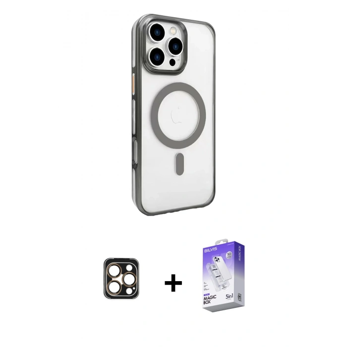 MARSİLYAN™- iPhone 16 Pro Max Kılıf Doruk Doku Özel Seri - Siyah Bilvis 5in1 3D Magic Cam Ekran Koruyucu + PVD Metal Kamera Lens - GD