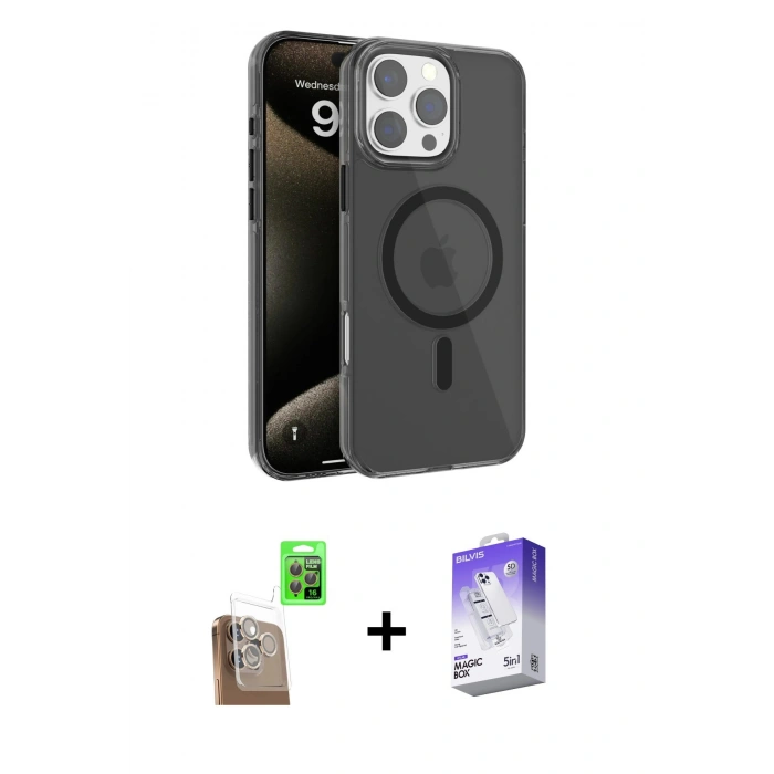 MARSİLYAN™- iPhone 16 Pro Max Kılıf Doruk Doku Özel Seri - Siyah Bilvis 5in1 3D Magic Cam Ekran Koruyucu + Raze Metal Kamera Lens - CLTM