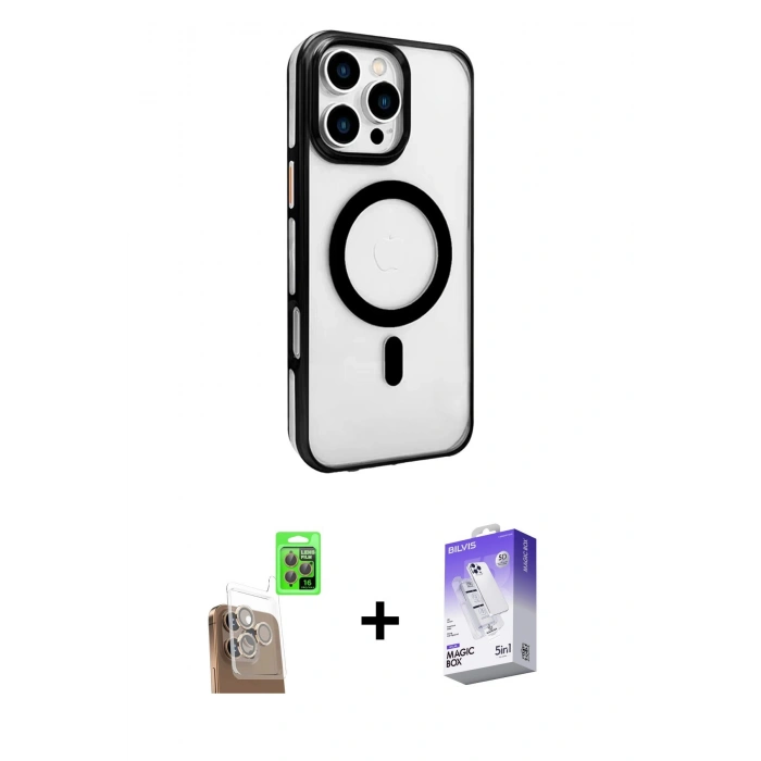MARSİLYAN™- iPhone 16 Pro Max Kılıf Doruk Doku Özel Seri - Siyah Bilvis 5in1 3D Magic Cam Ekran Koruyucu + Raze Metal Kamera Lens - CLTM