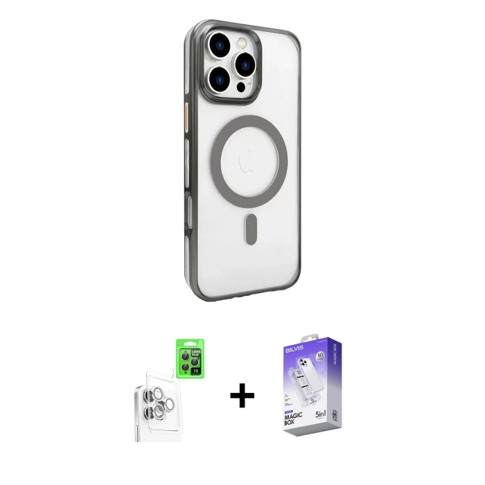 MARSİLYAN™- iPhone 16 Pro Max Kılıf Doruk Doku Özel Seri - Siyah Bilvis 5in1 3D Magic Cam Ekran Koruyucu + Raze Metal Kamera Lens - BZ