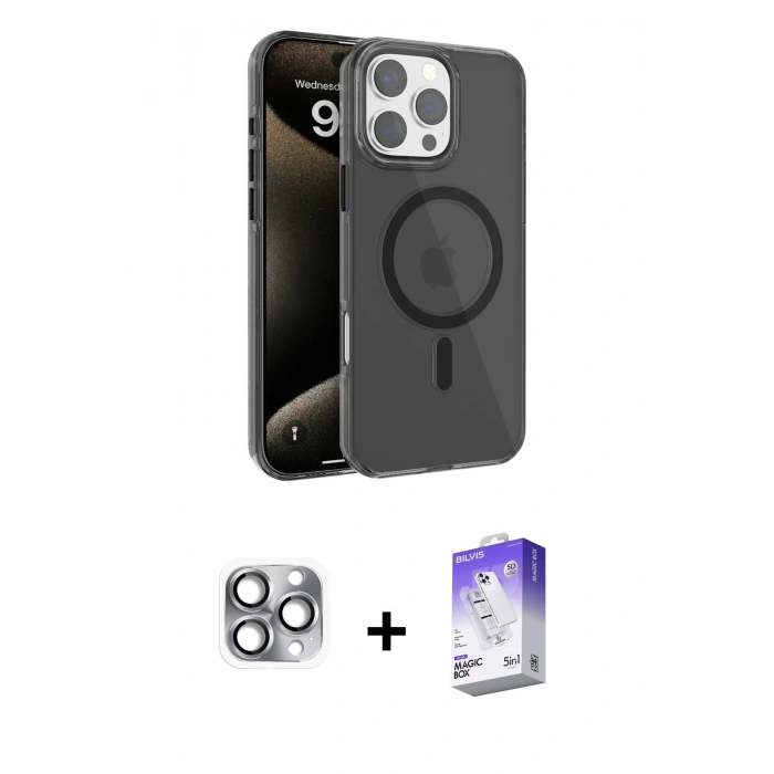 MARSİLYAN™- iPhone 16 Pro Max Kılıf Doruk Doku Özel Seri - Siyah Bilvis 5in1 3D Magic Cam Ekran Koruyucu + Gri Pers Alüminyum Kamera Lens
