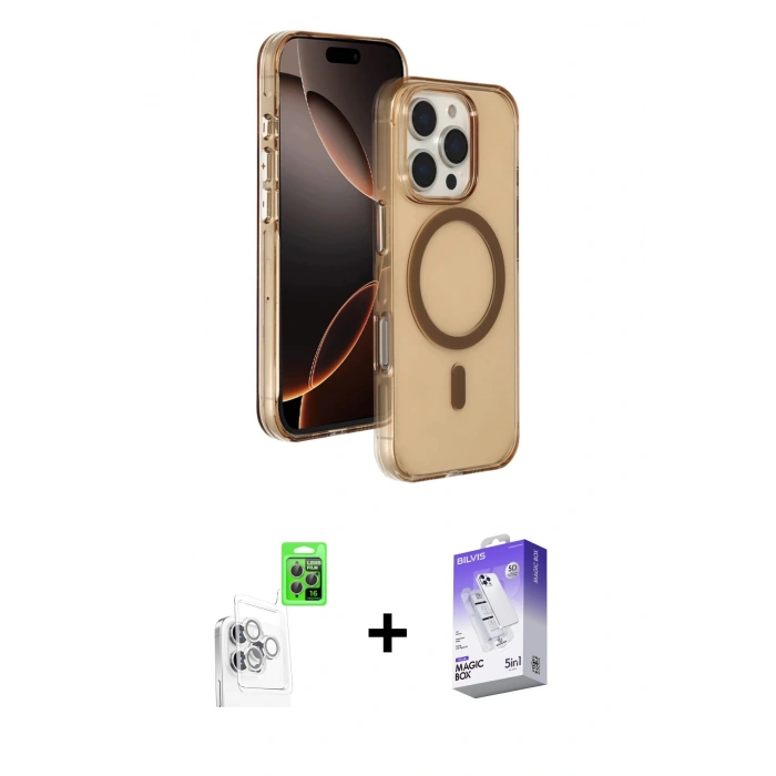 MARSİLYAN™- iPhone 16 Pro Max Kılıf Doruk Doku Özel Seri - Siyah Bilvis 5in1 3D Magic Cam Ekran Koruyucu + Raze Metal Kamera Lens - BZ
