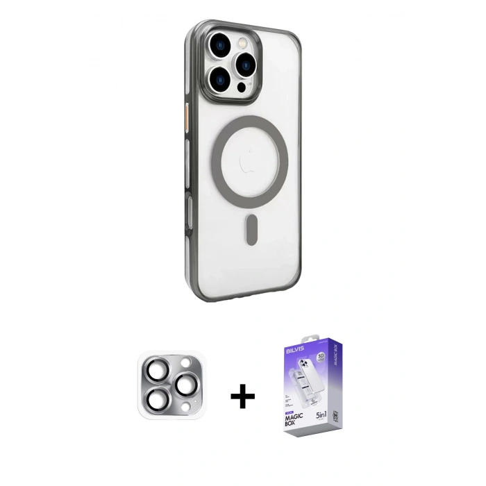 MARSİLYAN™- iPhone 16 Pro Max Kılıf Doruk Doku Özel Seri - Siyah Bilvis 5in1 3D Magic Cam Ekran Koruyucu + Gri Pers Alüminyum Kamera Lens