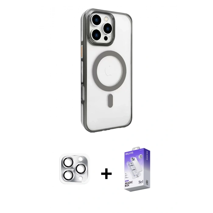 MARSİLYAN™- iPhone 16 Pro Max Kılıf Doruk Doku Özel Seri - Siyah Bilvis 5in1 3D Magic Cam Ekran Koruyucu + Gümüş Pers Alüminyum Kamera Lens