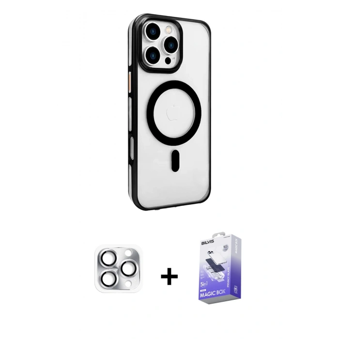 MARSİLYAN™- iPhone 16 Pro Max Kılıf Doruk Doku Özel Seri - Siyah Bilvis 5in1 5D Magic Hayalet Cam Ekran Koruyucu + Pers Alüminyum Kamera Lens - GS