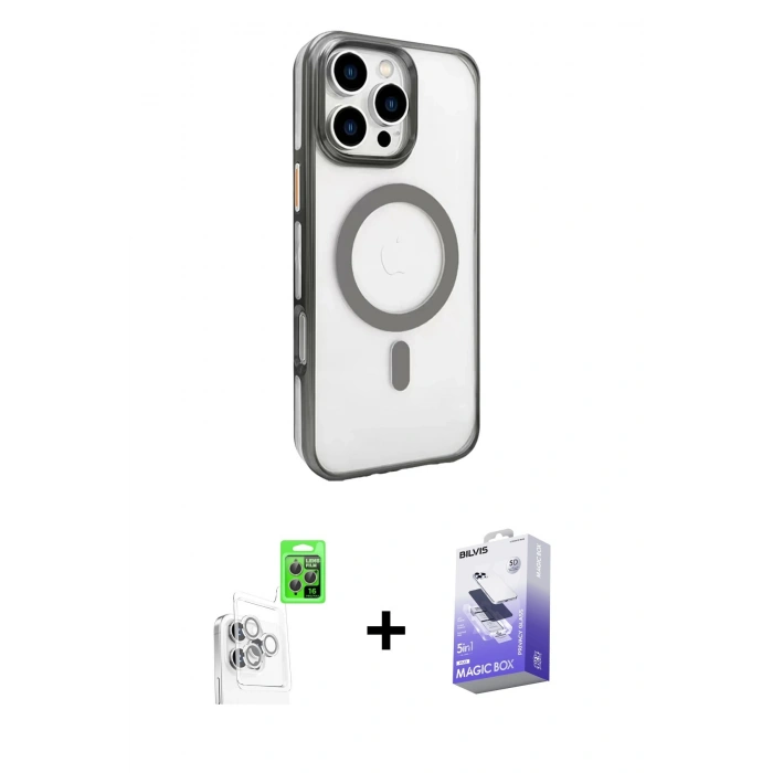MARSİLYAN™- iPhone 16 Pro Max Kılıf Doruk Doku Özel Seri - Siyah Bilvis 5in1 5D Magic Hayalet Cam Ekran Koruyucu + Raze Metal Kamera Lens - BZ