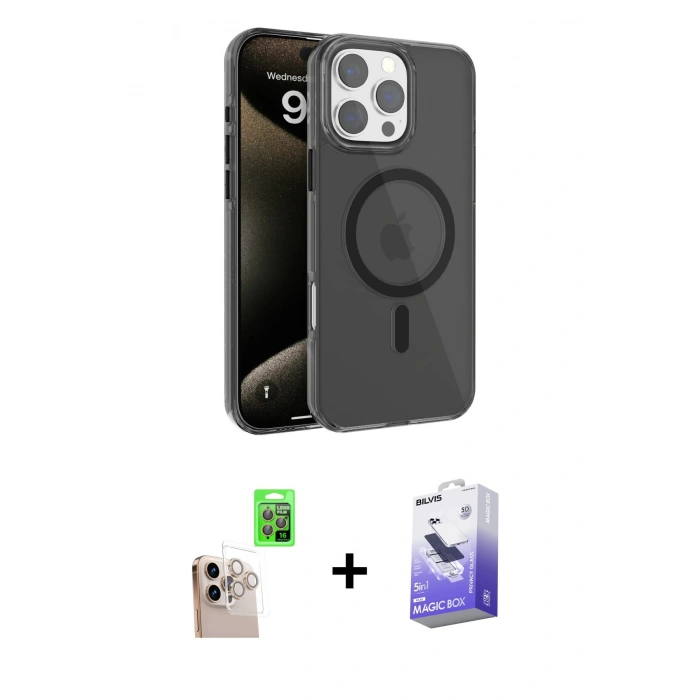 MARSİLYAN™- iPhone 16 Pro Max Kılıf Doruk Doku Özel Seri - Siyah Bilvis 5in1 5D Magic Hayalet Cam Ekran Koruyucu + Raze Metal Kamera Lens - NLGY