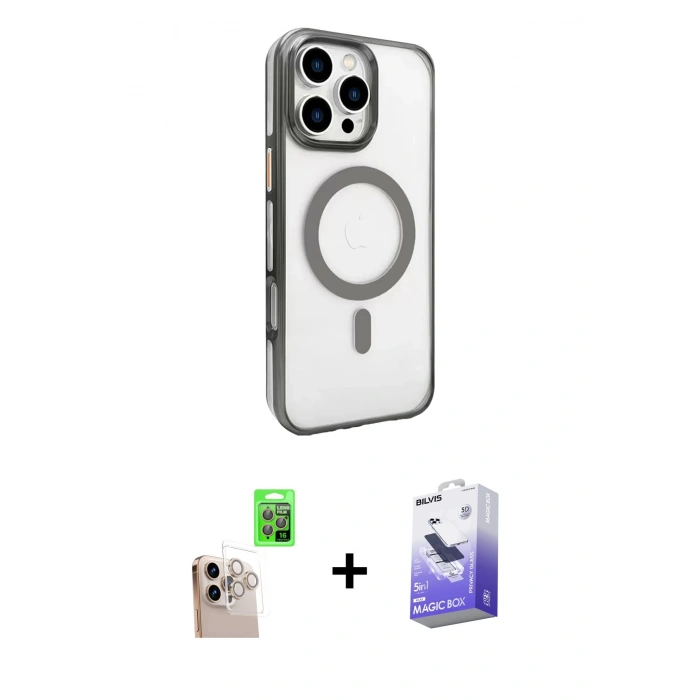 MARSİLYAN™- iPhone 16 Pro Max Kılıf Doruk Doku Özel Seri - Siyah Bilvis 5in1 5D Magic Hayalet Cam Ekran Koruyucu + Raze Metal Kamera Lens - NLGY