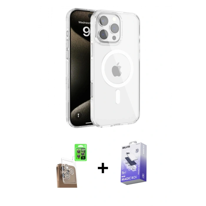 MARSİLYAN™- iPhone 16 Pro Max Kılıf Doruk Doku Özel Seri - Siyah Bilvis 5in1 5D Magic Hayalet Cam Ekran Koruyucu + Raze Metal Kamera Lens - CLTM