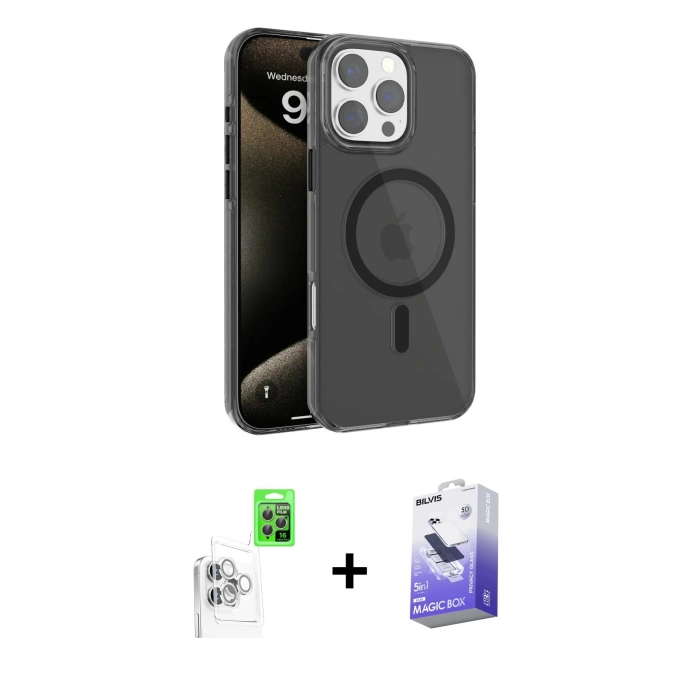 MARSİLYAN™- iPhone 16 Pro Max Kılıf Doruk Doku Özel Seri - Siyah Bilvis 5in1 5D Magic Hayalet Cam Ekran Koruyucu + Raze Metal Kamera Lens - BZ